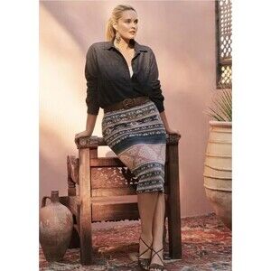 Ralph Lauren Women’s Geo-Motif Linen Cotton Pencil Skirt Pink Blue art geo Sz XL